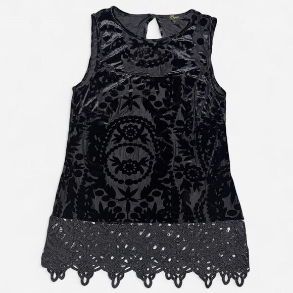 Black Sheer Lace Sleeveless Blouse with Keyhole Back (Size Small) - Picture 2 of 8